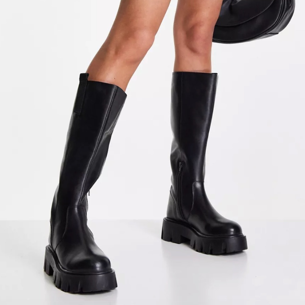 ASOS DESIGN Casey black leather chunky knee-high platform boots
